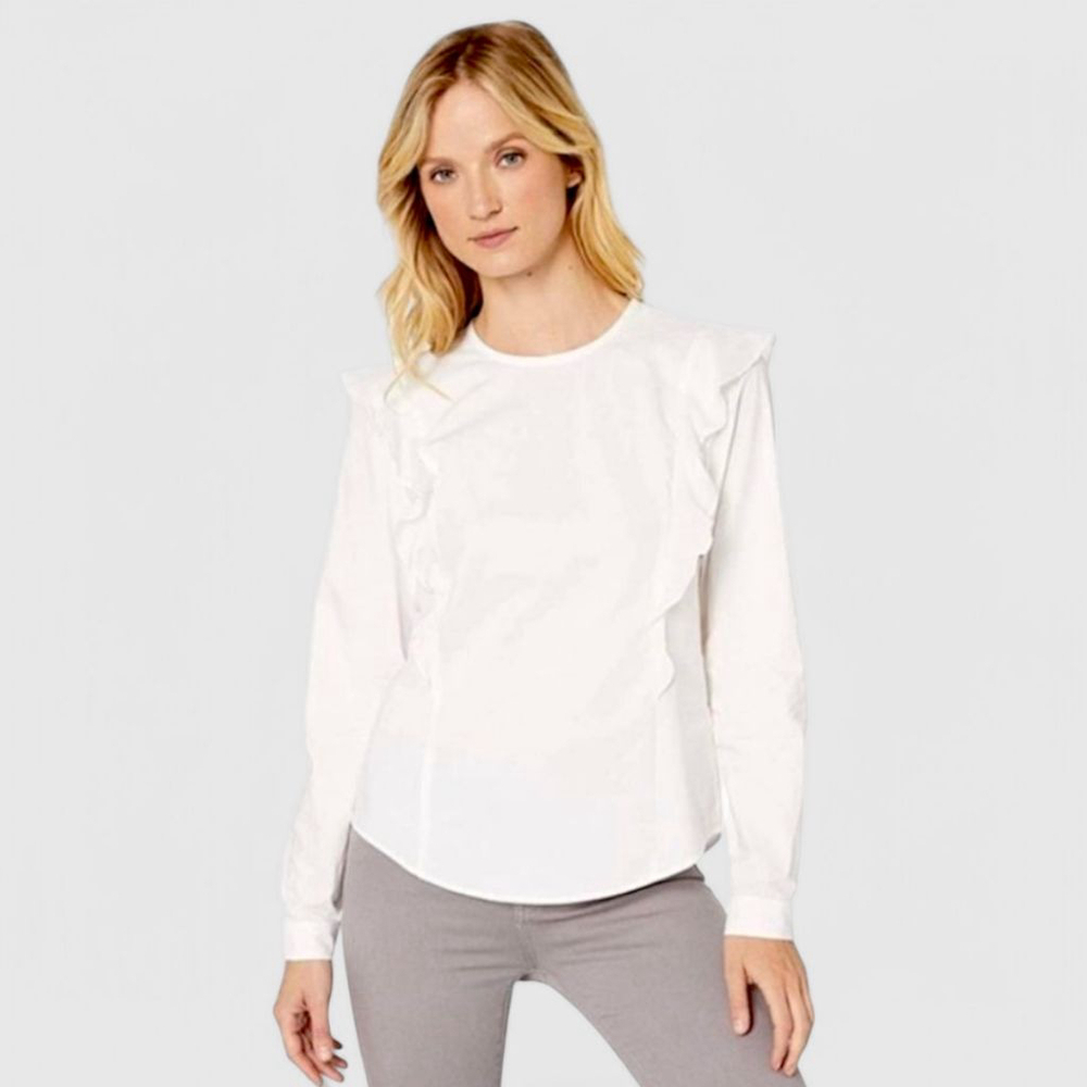 BLDWN Tailored White Cotton Classic Pia Long Sleeve Ruffled Blouse Women's sz XL